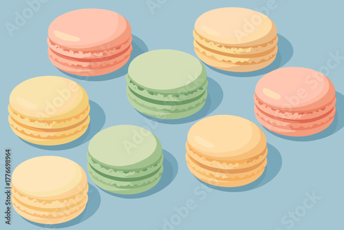 Colorful Macarons Display. Close-up of colorful macarons vector illustration neatly arranged on a textured blue background, soft
