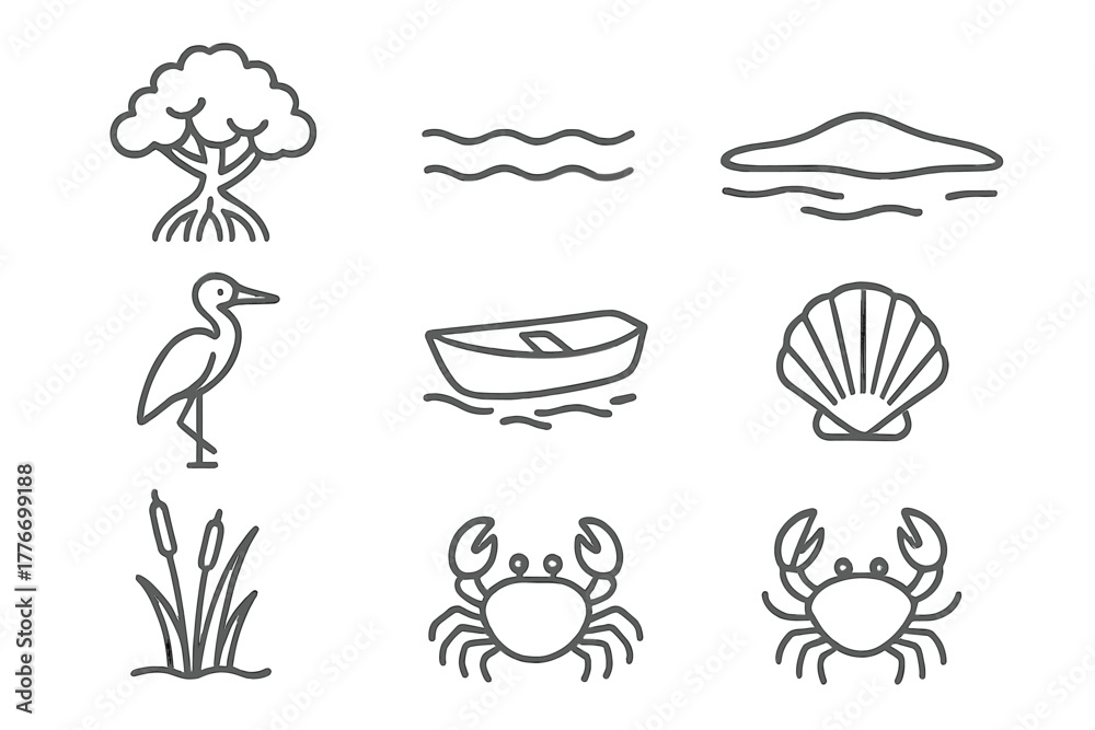 Obraz premium Mangrove Lagoon Icons. Line style icons of Mangrove Lagoon: Mangrove Tree, Calm Water, Sandbar, Seabird, Small Boat, Shell, Reeds,