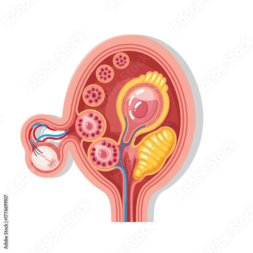 Detailed cross-section illustration of a human ovary showcasing follicular development and ovum maturation for reproductive science education