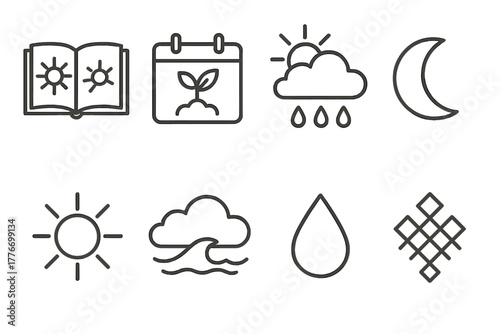 Agrarian Icon Line Art. Line style icons of Agrarian Knowledge: Weather Forecast, Planting Schedule, Tide Chart, Folkloric Wisdom;