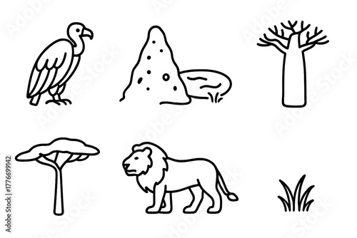 Savanna Line Icons. Line style icons of Savanna: Vulture, Termite Mound, Watering Hole, Baobab Tree, Acacia Tree, Lion, Elephant,
