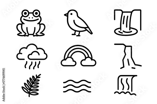 Wildlife Waterfall Icons. Line style icons of Wildlife Waterfall: Frog, Bird, Plunge Pool, Mist, Rainbow, Cliff Face, Fern,