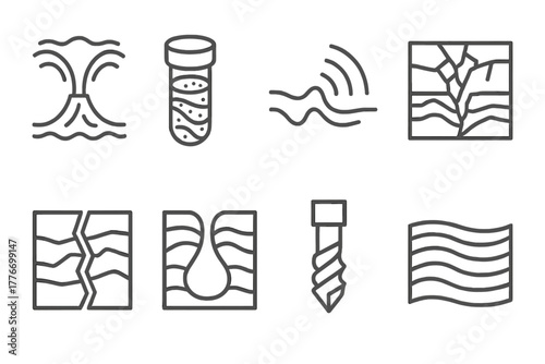 Deep Earth Icons. Line style icons of Deep Earth: Mantle Plume, Core Sample, Seismic Wave, Mineral Vein, Tectonic Fault, Magma