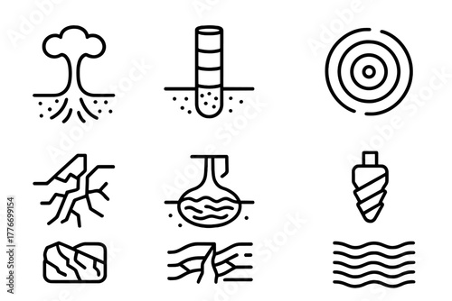 Deep Earth Icons. Line style icons of Deep Earth: Mantle Plume, Core Sample, Seismic Wave, Mineral Vein, Tectonic Fault, Magma