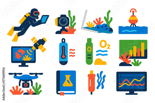 Coral Monitoring Icons. Flat vector icons of coral reef monitoring: scuba diver with tablet, underwater camera, reef survey