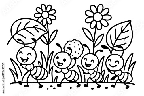 Joyful Ant Family. Joyful ant family carrying leaves and crumbs while smiling under flowers and grass, black and white line art,