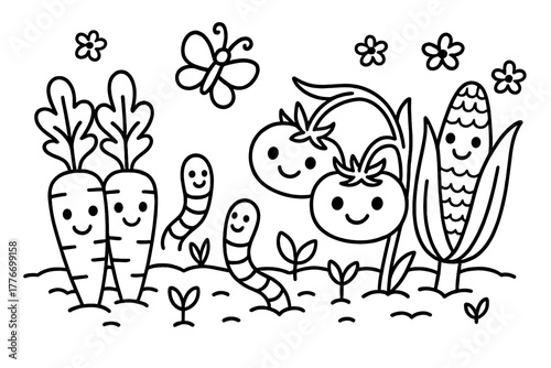 Smiling Garden Vegetables. Funny vegetable garden with carrots, tomatoes, and corn smiling while worms and butterflies play, black