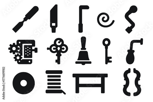 Antique Music Craft Icons. Solid style icons of Antique music craft: carving tool, organ pipe, tuning wrench, wood shavings,