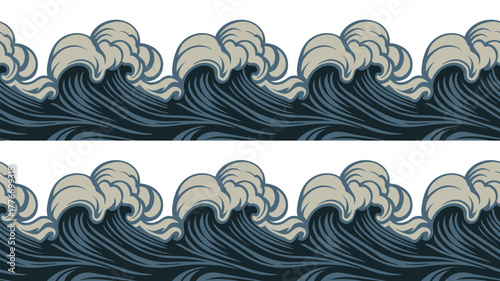 Two rows of stylized ocean waves with blue water and white foam on a white background repeating pattern