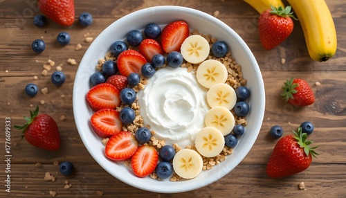Overhead view of bowl filled with Greek yogurt, sliced strawberries, blueberries, banana, and granola, bright natural lighting, 