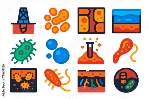 Subsurface Microbial Icons. Flat vector icons of deep subsurface life: borehole drill, microbial cell cluster, rock pore habitat,