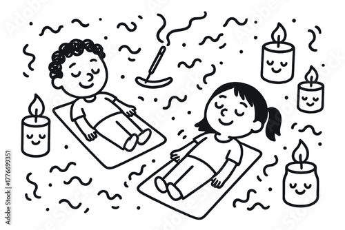 Playful Therapy Session. Playful doodle holistic therapy session with smiling characters lying on mats, cheerful candles and
