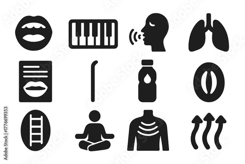 Vocal Warmup Symbols. Solid style icons of vocal warmups: singer mouth, scale piano, humming sound wave, breathing exercise lungs,