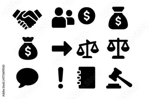 Creditor Debtor Icons. Solid style icons of creditor and debtor interactions: handshake, human silhouettes, coin, bag of money,