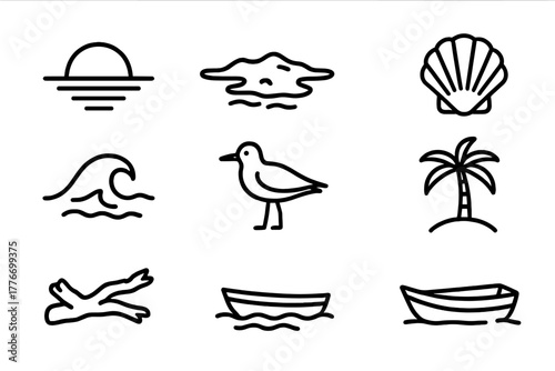 Sunset Sandbar Icons. Line style icons of Sunset Sandbar: Golden Reflection, Exposed Land, Tide, Shell, Seabird, Palm Tree,