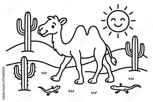 Curious Camel Adventure. Curious camel walking across sandy dunes with cacti, lizards, and a bright smiling sun, black and white