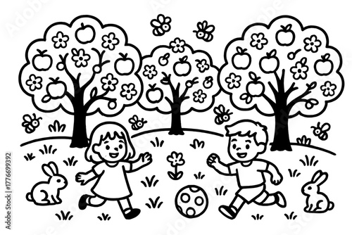 Blossoming Orchard Scene. Peaceful orchard with blossoming apple trees, children playing, bees buzzing, and rabbits hopping, black