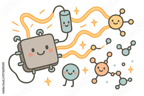 Whimsical Nano-Sensor Doodle. Whimsical doodle nano-sensor prototype with happy components, cartoon light pulses weaving through,