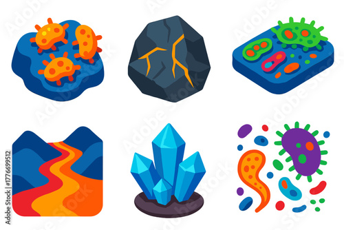 Geomicrobiology Icons. Isometric vector illustration set Geomicrobiology: bacterial colonies on mineral surfaces, rock weathering,