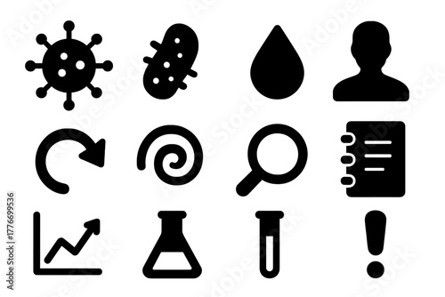 Disease Ecology Icons. Solid style icons of disease ecology and epidemiology: virus, bacteria, droplet, human silhouette, arrow,