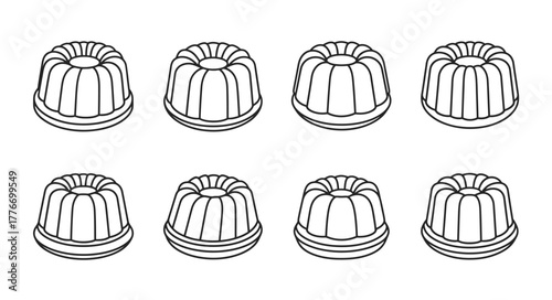 Simple black and white illustration of eight fluted baking molds arranged neatly
