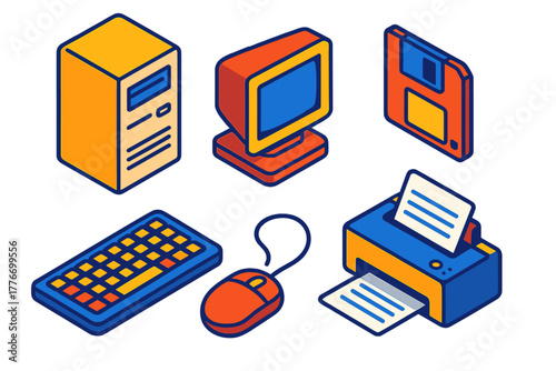 Retro Computer Icons. Isometric vector illustration set Personal Computing: early desktop PC, floppy disk, keyboard, CRT monitor,
