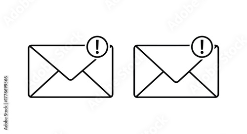 Two simple black and white envelope icons with exclamation points inside