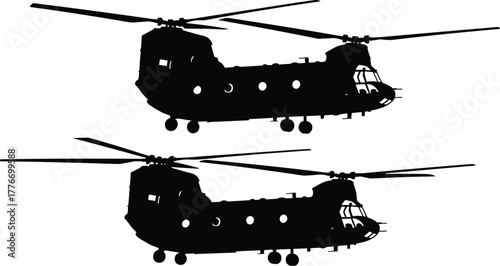 Silhouette vector illustration of military helicopters flying in formation, tandem rotor Chinook aircraft, aviation, defense, transport, technology, war, security, and industry