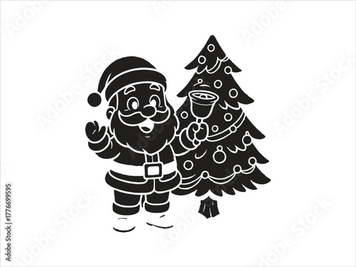 Santa Reading Children’s Letters ute cartoon Santa ringing a bell near festive tree 