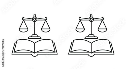 Justice and law balanced scales above open books a symbol of fairness