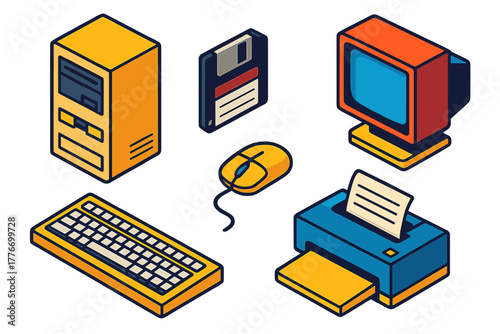 Retro Computer Icons. Isometric vector illustration set Personal Computing: early desktop PC, floppy disk, keyboard, CRT monitor,