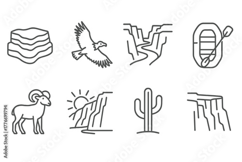 Canyon Line Art Icons. Line style icons of Canyon: Layer of Rock, Condor, River, Raft, Bighorn Sheep, Sunbeam, Cactus, Cliff Edge,