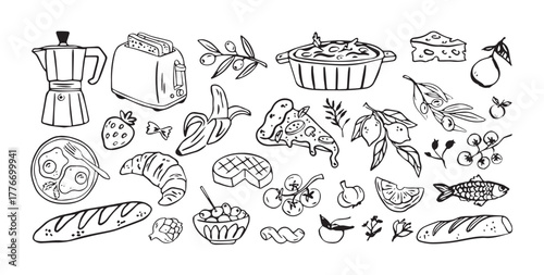 Hand drawn doodle illustrations of food items including pizza, croissant, and fruit isolated on white background