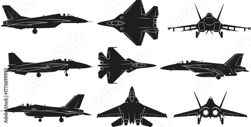 Silhouette vector illustration of modern fighter jets, military aircraft, aviation technology, defense industry, warplanes, combat planes, air force, transport, and security
