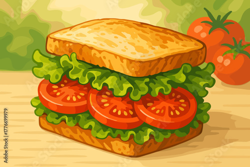 Veggie Sandwich Delight. Delicious veggie sandwich with fresh tomatoes and lettuce on crusty bread, soft natural lighting,