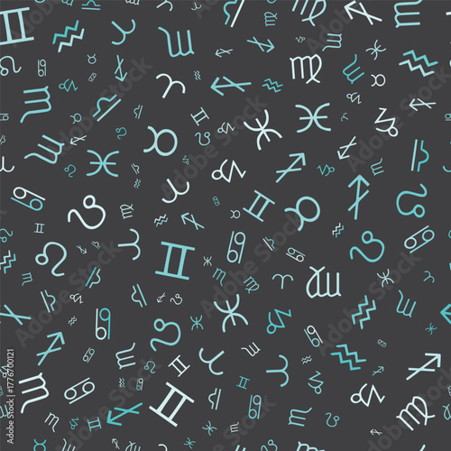 Zodiac signs are blue on a dark gray background. Vector template for postcards, fabrics, textiles, wallpaper, paper, packaging