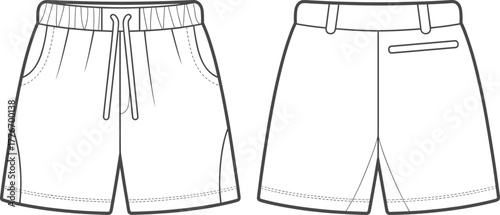 Men’s casual shorts front and back technical flat sketch, vector illustration for apparel design