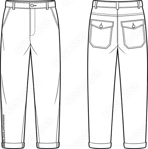 Men’s casual pants technical flat sketch front and back view, vector clothing design, apparel illustration template