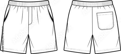 Men’s casual shorts technical flat sketch, front and back view, vector fashion CAD drawing