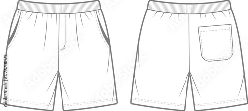 Men’s casual shorts technical flat sketch front and back view, fashion CAD drawing, clothing template illustration