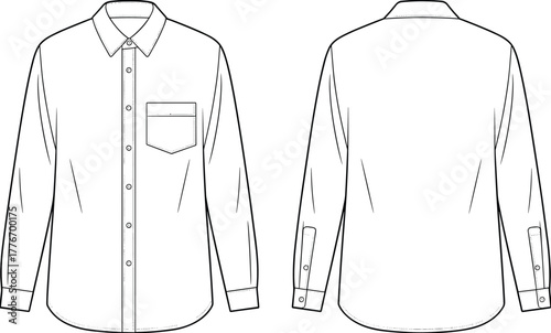 Men’s long sleeve button up shirt flat sketch with collar and pocket, fashion technical drawing for apparel design, clothing pattern template