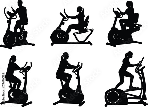 Silhouette vector illustration of people exercising on gym machines, stationary bikes, elliptical trainers, cardio workout, fitness training, health, lifestyle, and sport