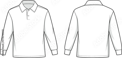 Long sleeve polo shirt technical flat sketch, front and back view clothing template for fashion design, editable apparel outline for vector illustration