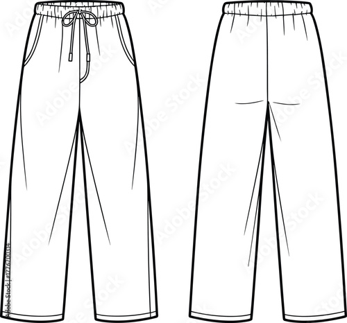 Loose fit elastic waist women lounge pants fashion flat with drawstring , cad drawing flat vector illustration