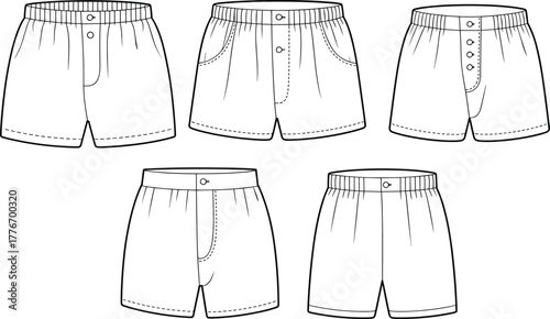 Men boxer shorts flat sketch, underwear CAD drawing, elastic waistband front view design, vector fashion illustration