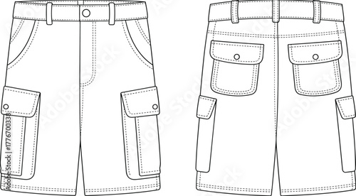 Men cargo shorts technical flat sketch, front and back view, detailed pocket design, vector apparel illustration