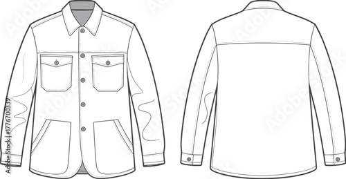 Men denim shirt jacket technical flat sketch, front and back view, fashion cad design, vector clothing illustration template