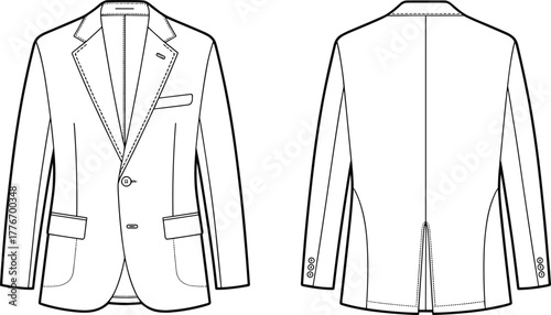 Men formal blazer jacket front and back , elegant suit coat flat design template for apparel designer use, cad drawing flat vector illustration