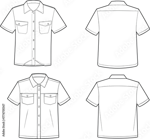 Men short sleeve shirt technical flat sketch, front and back view, fashion cad design, apparel vector illustration