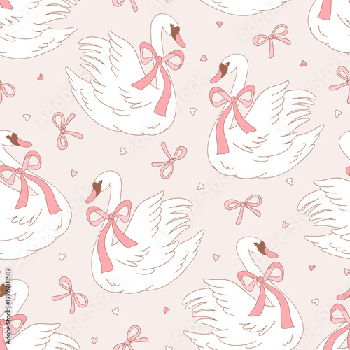 Retro Romantic Coquette White Swan with Bow Seamless Pattern, Girlish Vintage Valentine Day Background for Textile and Wrapping Paper